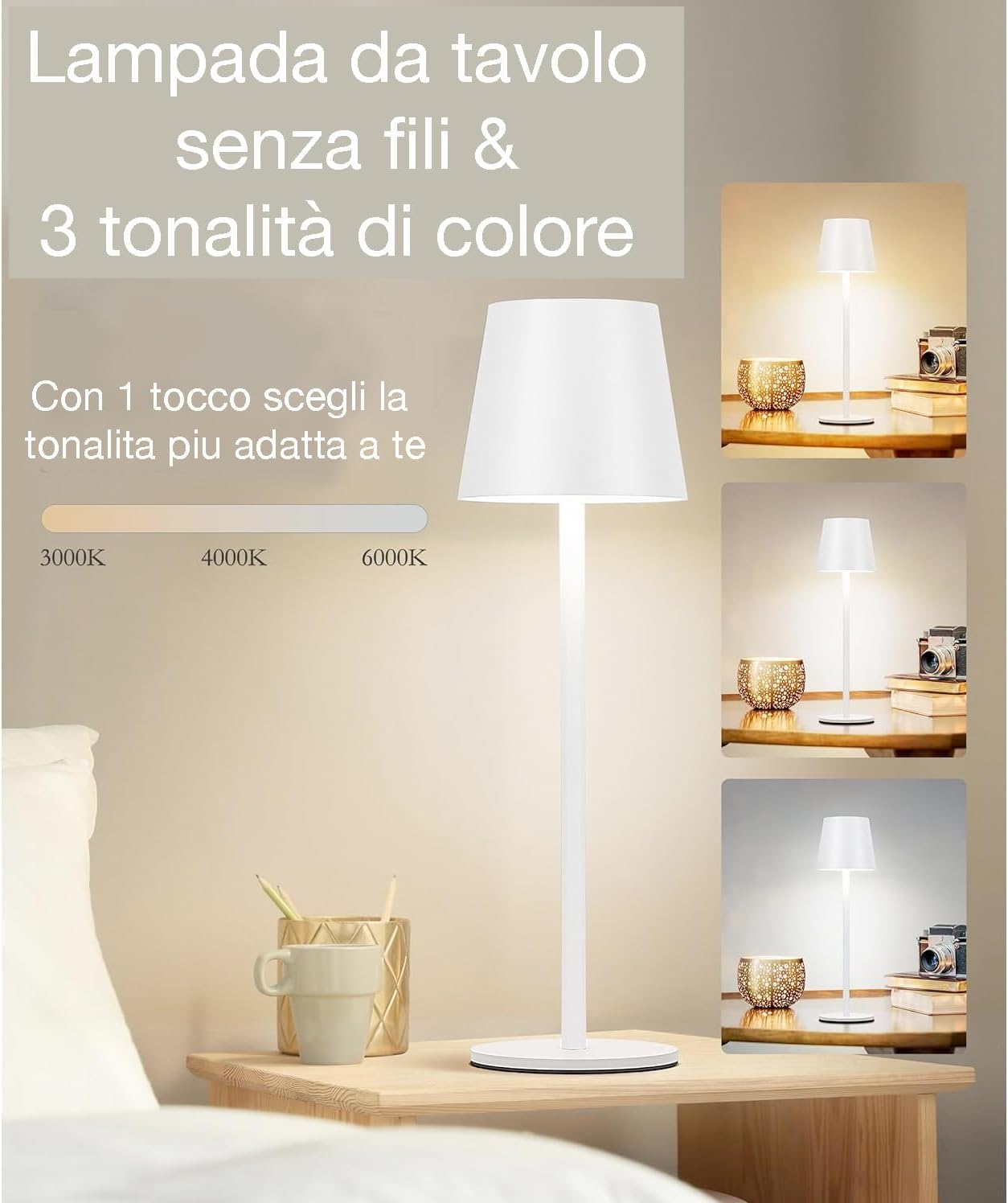 081 Store - 2 PEZZI LAMPADA DA TAVOLO SENZA FILI RICARICABILE BIANCHE, LAMPADA DA TAVOLO LED DIMMERABILE E CON 3 TONALITà DI LUCE, DIMMERABILE 3000-65000K ED IMPERMEABILE IP54