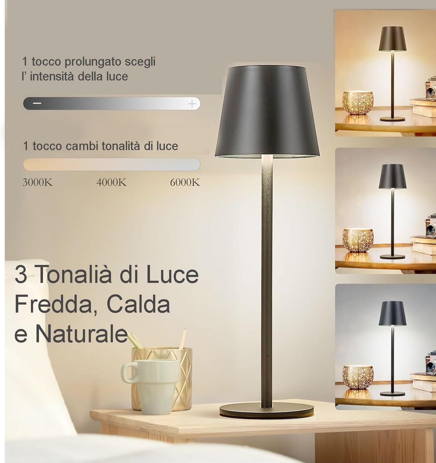 081 Store - 2 PEZZI LAMPADA DA TAVOLO SENZA FILI RICARICABILE, LAMPADA DA TAVOLO LED DIMMERABILE E CON 3 TONALITà DI LUCE, DIMMERABILE 3000-65000K ED IMPERMEABILE IP54