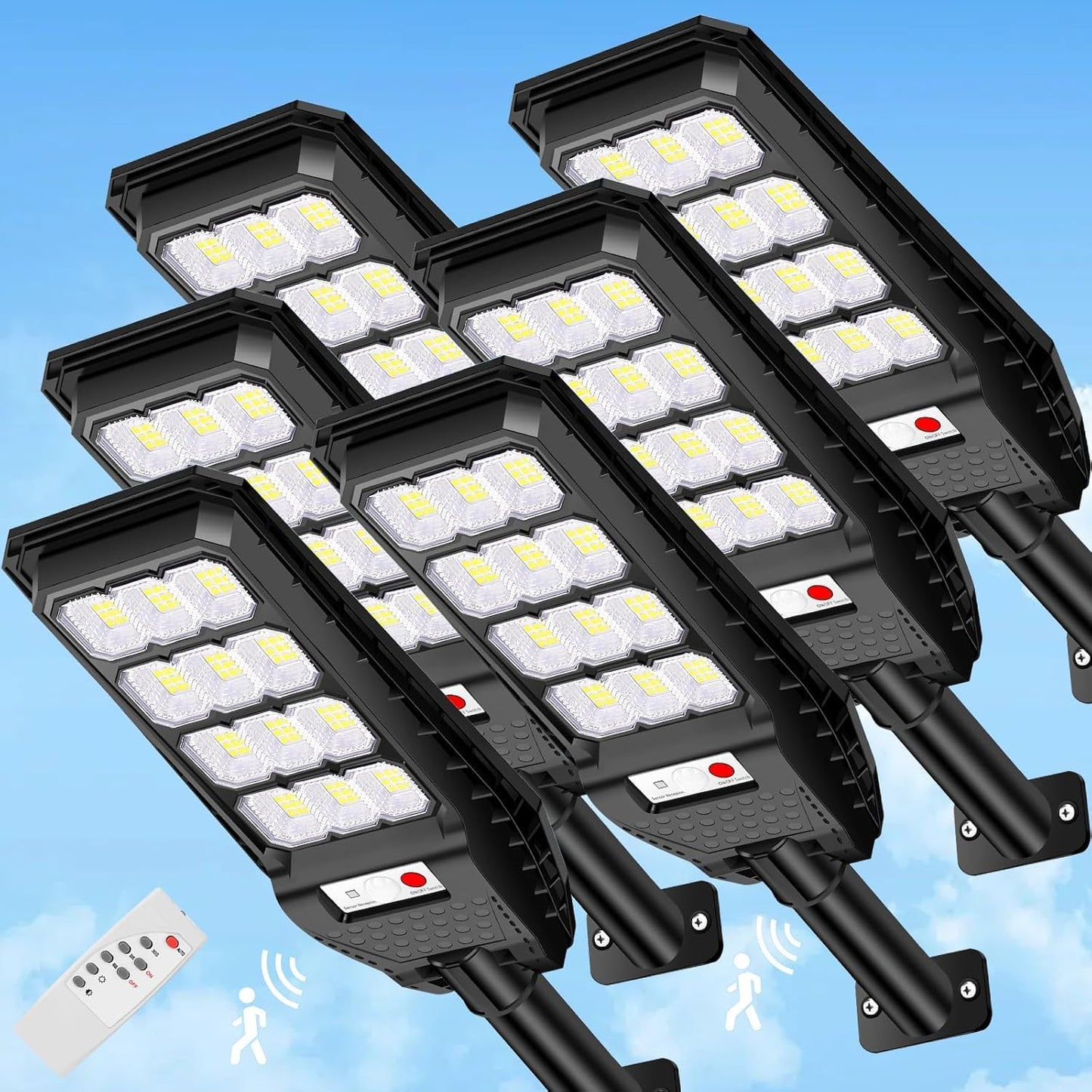 081 Store - 6 PEZZI lampione solare led esterno 200W, Lampione led solare con palo e telecomando, Lampione solare con sensore di movimento e crepuscolare con 144 LED luce bianoc freddo 6500k